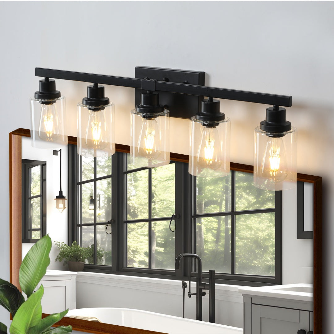 31  Modern Black 5-Light Bathroom Vanity Light Fixture, Industrial Wall Sconce With Clear Glass Shades For Mirror, Bathroom, Bedroom, And Hallway --No Bulbs