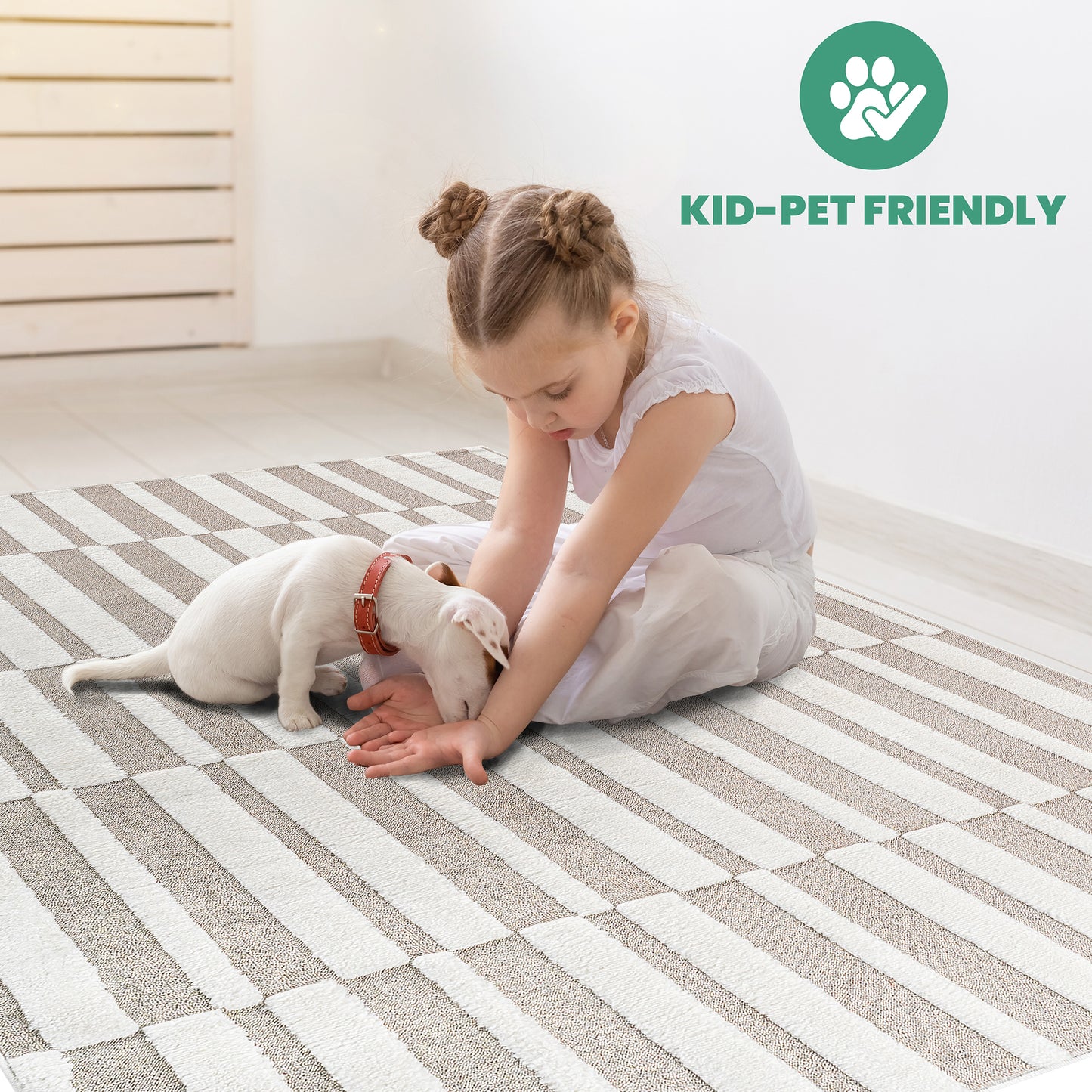Step Collection High-Low Striped Beige Cream Indoor Area Rug, 2'x3', Modern, Contemporary, Geometric, Bohemian, Bedroom, Kitchen, Living Room, Doormat, Non Shedding Carpet