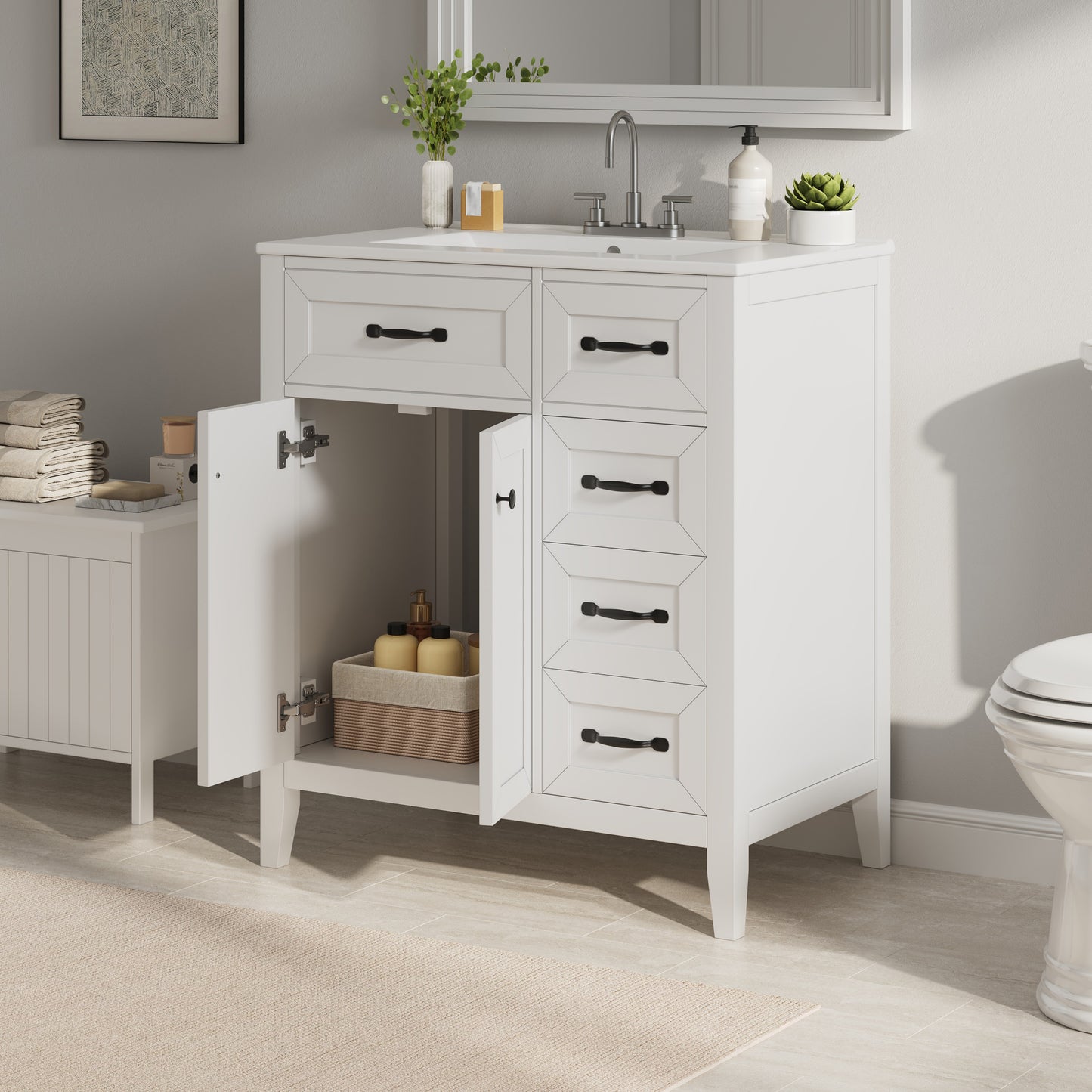30  White Bathroom Vanity With Ceramic Sink, Freestanding Vanity With Black Metal Handles, Solid Wood Legs, Soft-Close Doors & Drawers, Ample Storage  Other Size  N725P246491K