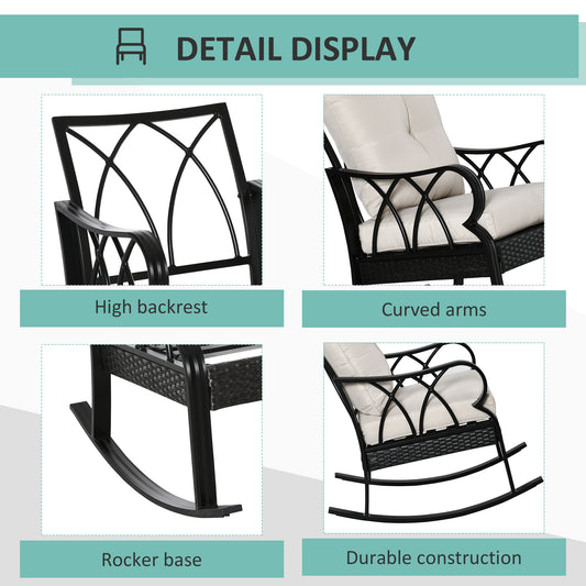 Outdoor Wicker Rocking Chair With Padded Cushions, Aluminum Furniture Rattan Porch Rocker Chair W/ Armrest For Garden, Patio, And Backyard, Khaki