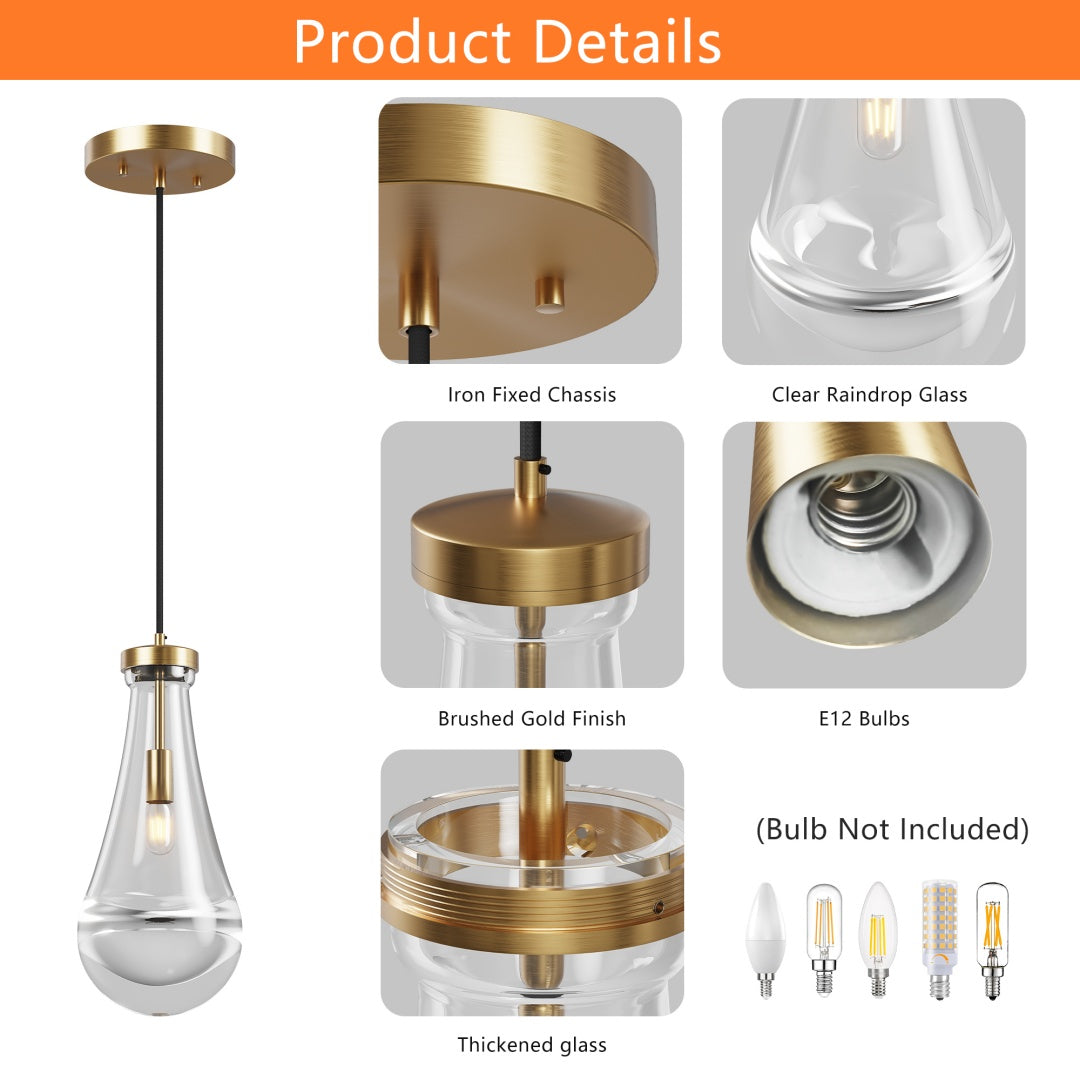Modern Raindrop Pendant Lights, Pendant Lights For Kitchen Island, Brass Rod Dining Room Light Fixture, Clear Solid Raindrop Chandelier, Chandelier For Living Room Hallway,Not Including Bulb