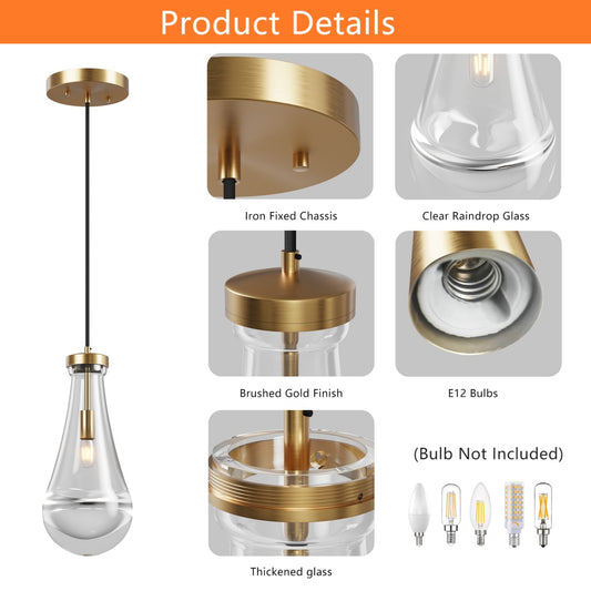 Modern Raindrop Pendant Lights, Pendant Lights For Kitchen Island, Brass Rod Dining Room Light Fixture, Clear Solid Raindrop Chandelier, Chandelier For Living Room Hallway,Not Including Bulb