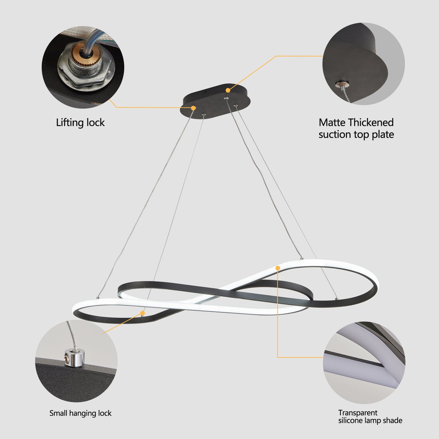 39 Modern LED Pendant Light, Infinity Design Hanging Ceiling Fixture, Adjustable Height, Dimmable For Living Room, Dining Room, Bedroom, Black Finish