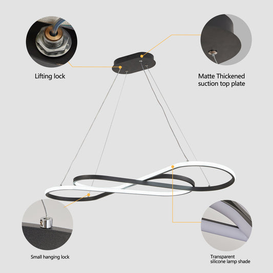 39 Modern LED Pendant Light, Infinity Design Hanging Ceiling Fixture, Adjustable Height, Dimmable For Living Room, Dining Room, Bedroom, Black Finish