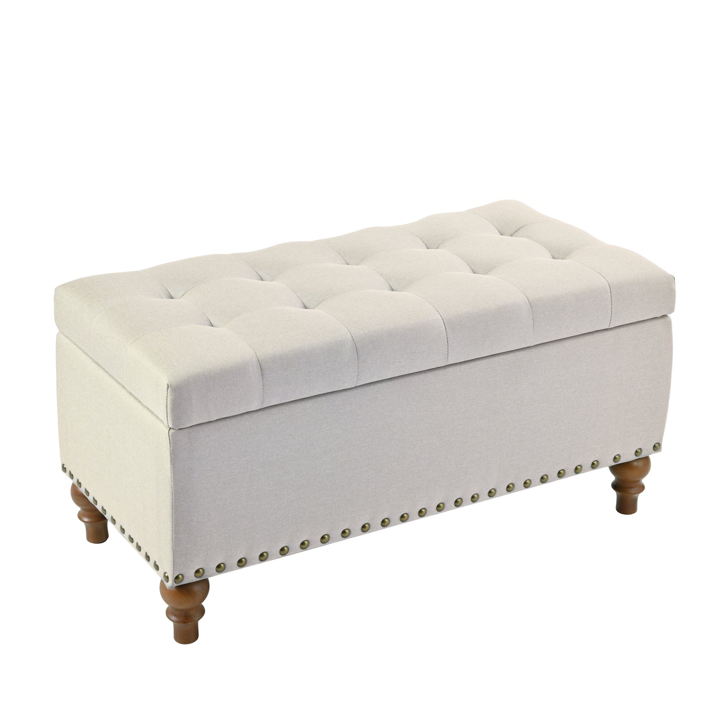 Ottoman Storage Bench, Recessed Support Hinge Top Easy To Open, Rivet Trim Around, Bedroom, Entrance, Living Room, Linen   Beige