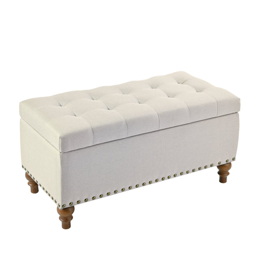 Ottoman Storage Bench, Recessed Support Hinge Top Easy To Open, Rivet Trim Around, Bedroom, Entrance, Living Room, Linen   Beige