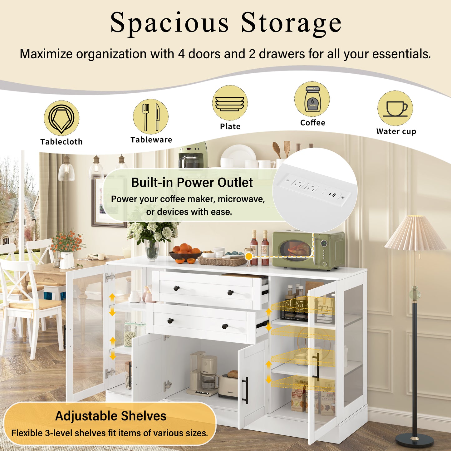 U- Style 58.3  Modern Buffet Sideboard With 4 Doors & 2 Drawers  Adjustable Shelves  Power Outlet  Acrylic Panels  Aluminum Alloy Handles  Storage Cabinet For Dining Room  Living Room And Kitchen