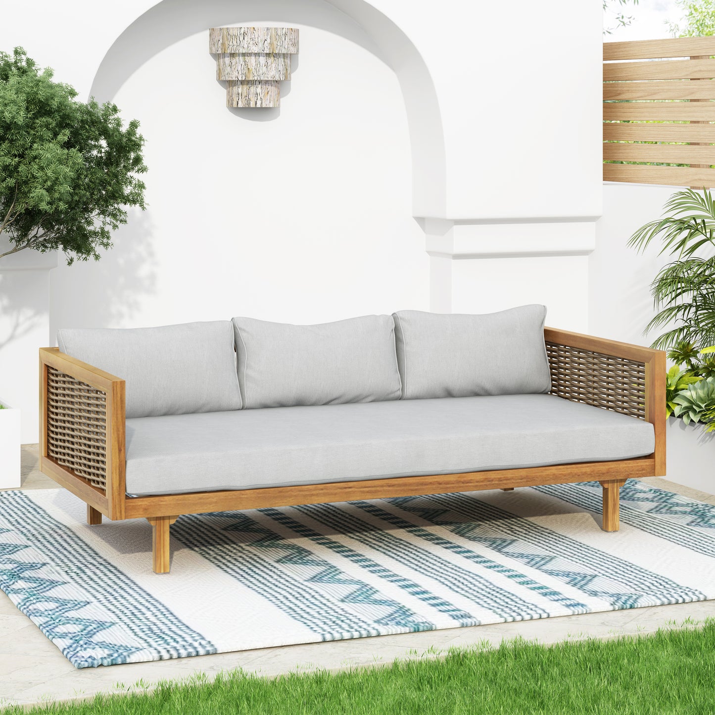 CLAREMONT 3 SEATER DAYBED WITH RATTAN ARMS  LIGHT GREY CUSHION