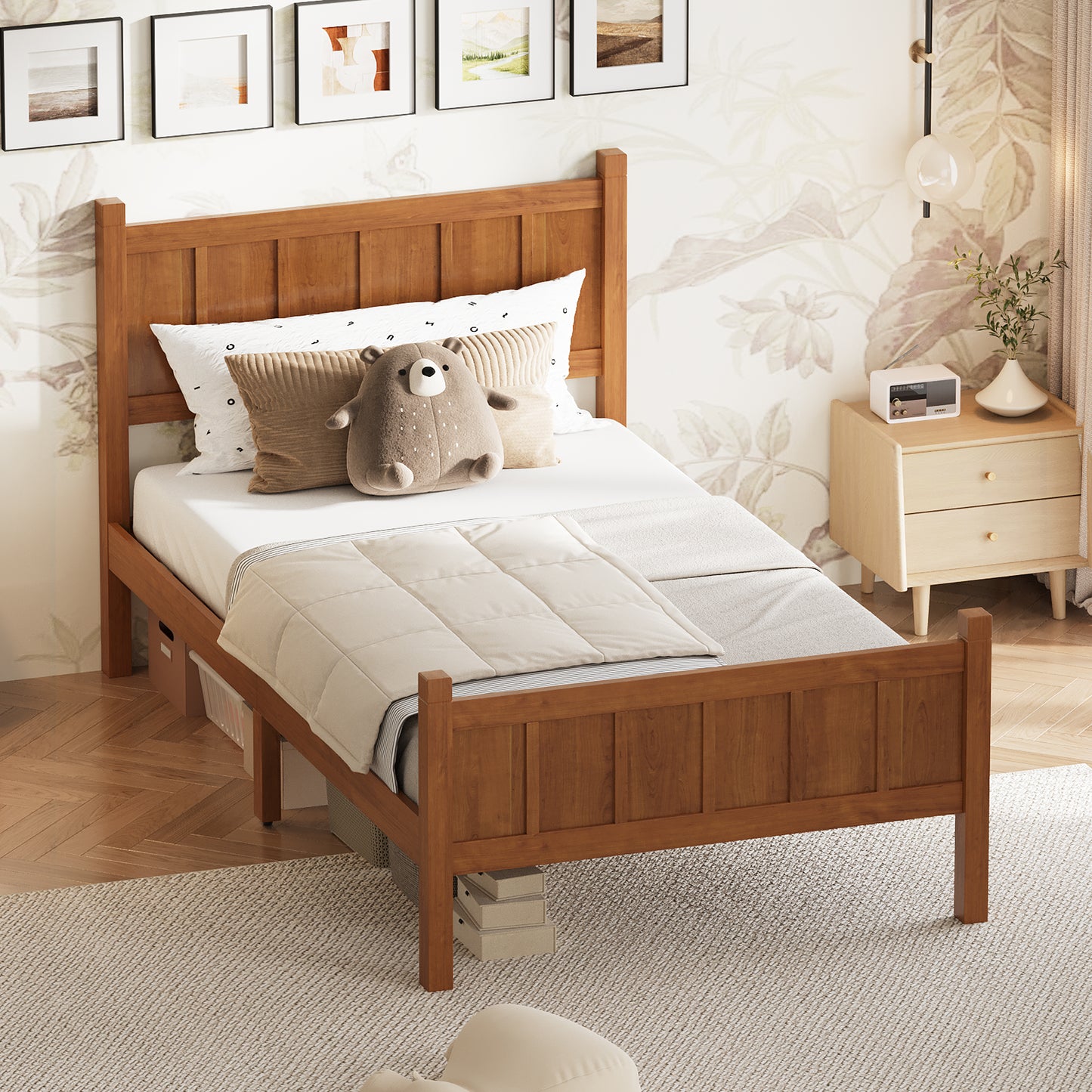 Twin Size Flat Panel Bed With Headboard & Footboard, Minimalist Modern Platform Bed With Wood Grain Finish, Shaker And Farmhouse Style Design, Sleek And Functional Bedroom Furniture,Light Walnut