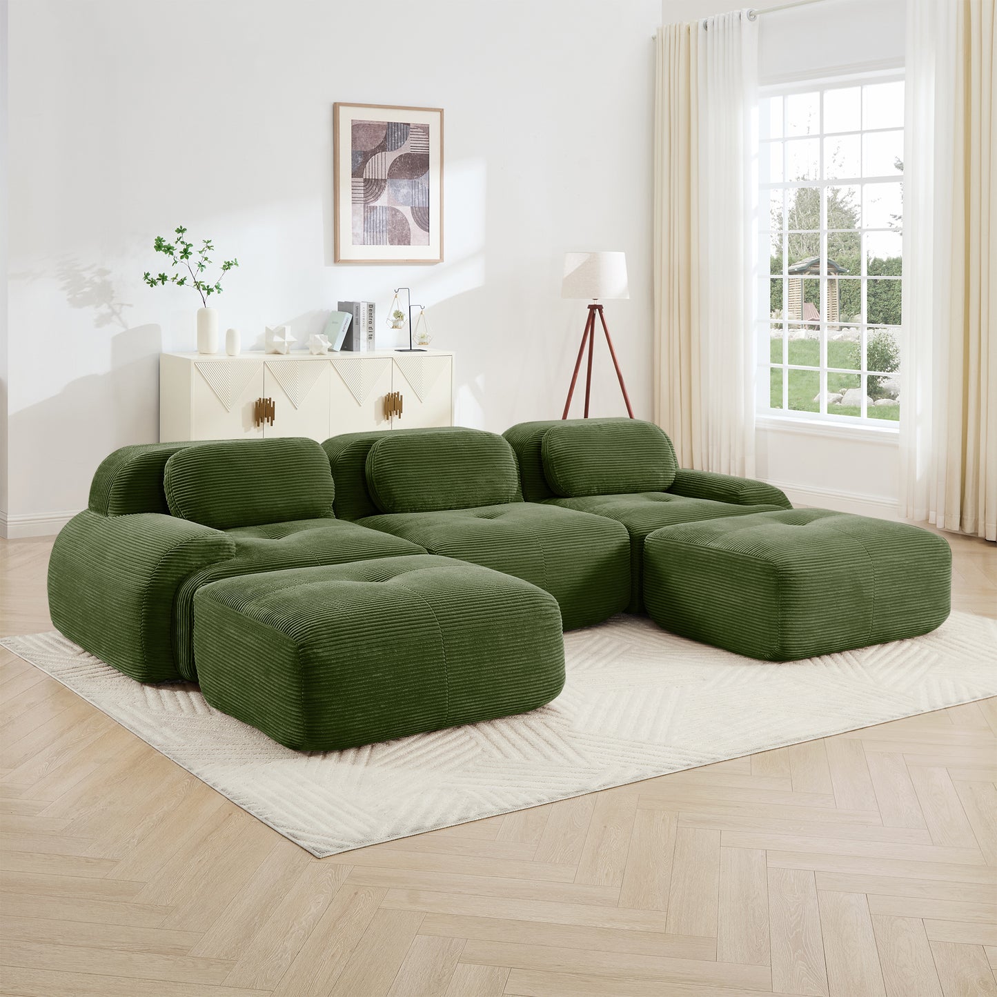 U-shaped Modular Sofa PremiumCorduroy Fabric Fabric No Assembly Anti-slip Design Pet-friendly Extra-wide Curved Armrests 32D High-resilience Sponge For Living Rooms Bedrooms Studie,Olive Green