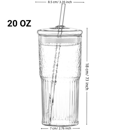 20 Oz 2-pack Glass Straw Cup With Vertical Pattern Cup And Lid, High Borosilicate Heat-resistant Glass Cup For Juice, Milk And Cold Drinks