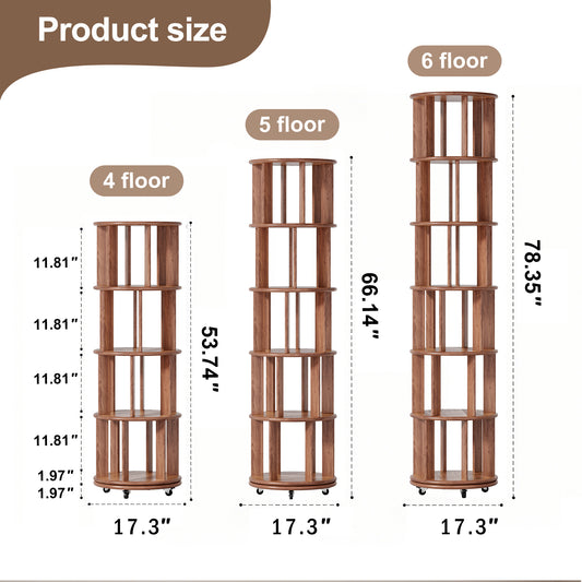 Solid Wood Rotating Bookshelf On Wheels, 4 Tier, Round Revolving Bookcase, 360 Spinning Book Shelf Tower For Kids, Narrow Rolling Bookshelves For Small Space, Corner, Bedroom, Office, Walnut
