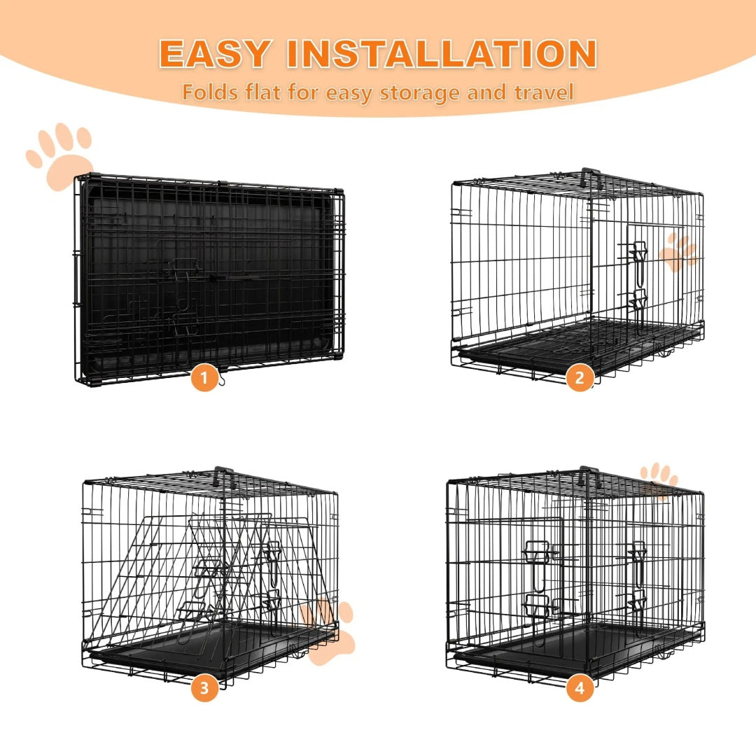 Dog Crate, 42 Inch Large Dog Cage With Divider And Plastic Leak-Proof Pan Tray, Double Door Folding Metal Wire Cage For Indoor, Outdoor, And Travel, Made In Vietnam