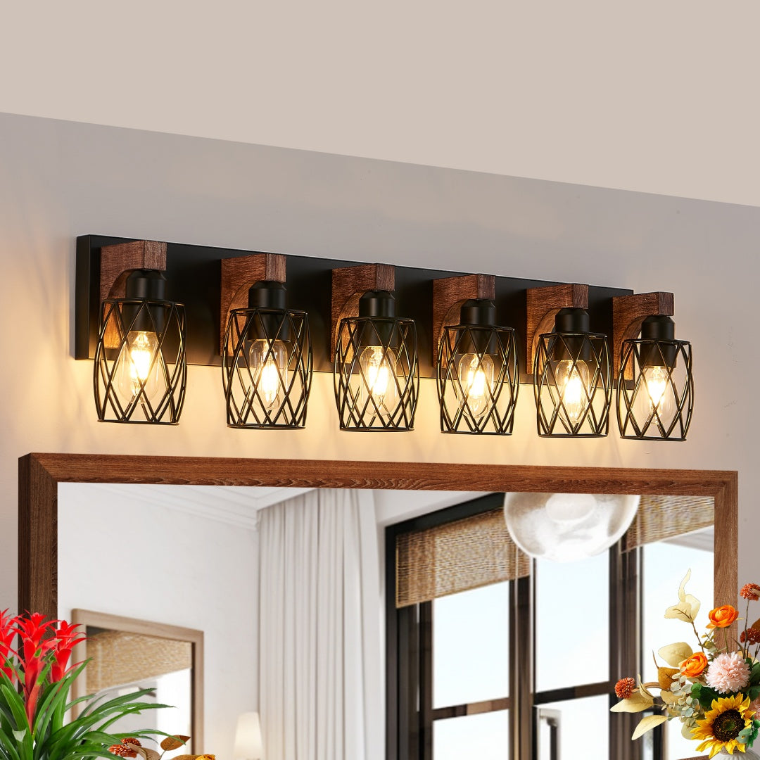 38  Industrial Vintage 6-Light Wall Sconce - Black Cage Wall Lighting Fixture With Wooden Accents For Bathroom, Hallway, Or Living Room Bulb Not Included