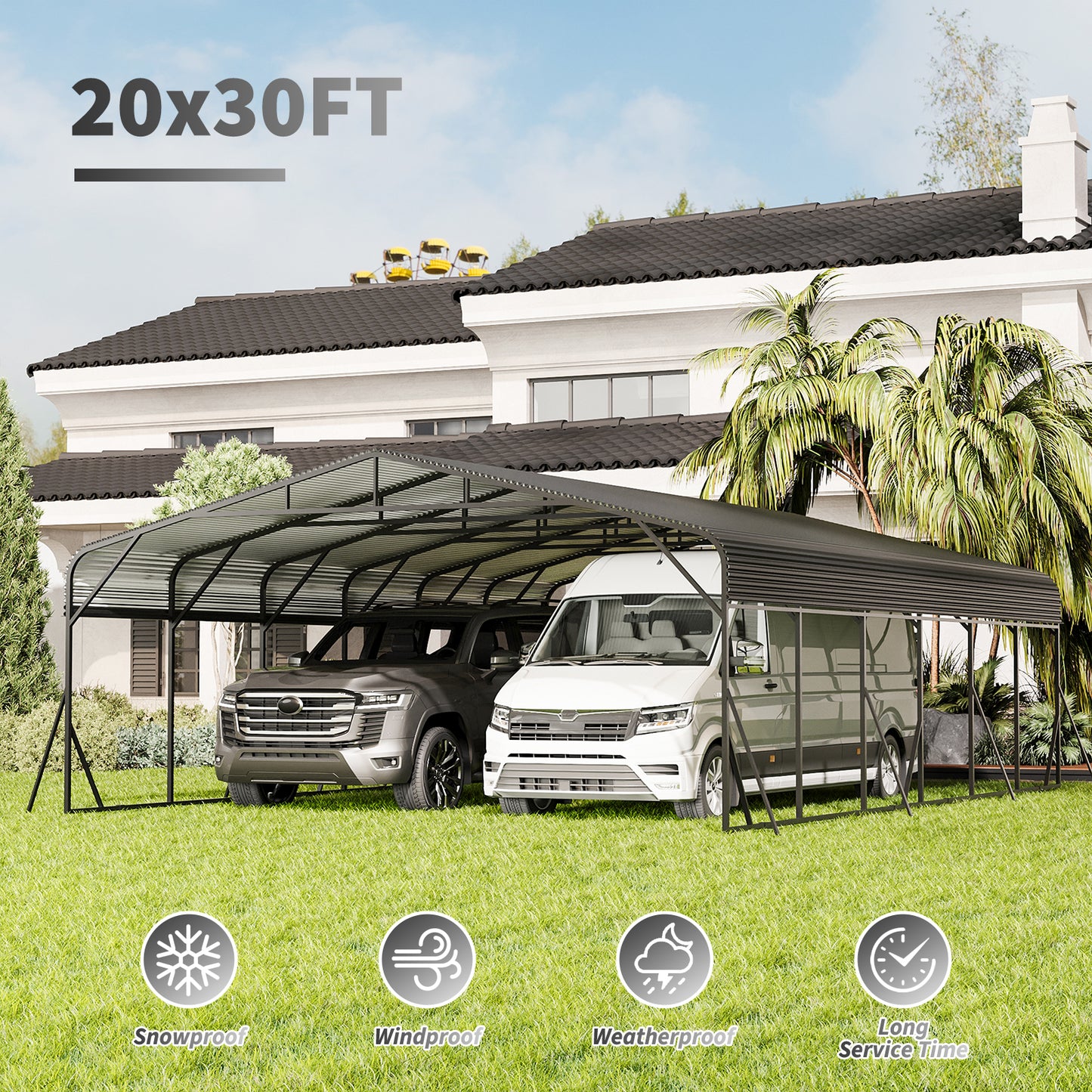 Carport Canopy 20  X30   Heavy Duty Car Port Galvanized Steel Roof, Reinforced Stable Triangle Frame For Snowy Windy Metal Carports Enhanced Base Car Tent For Car,RV,Pickup,Boat,Truck,Tractor