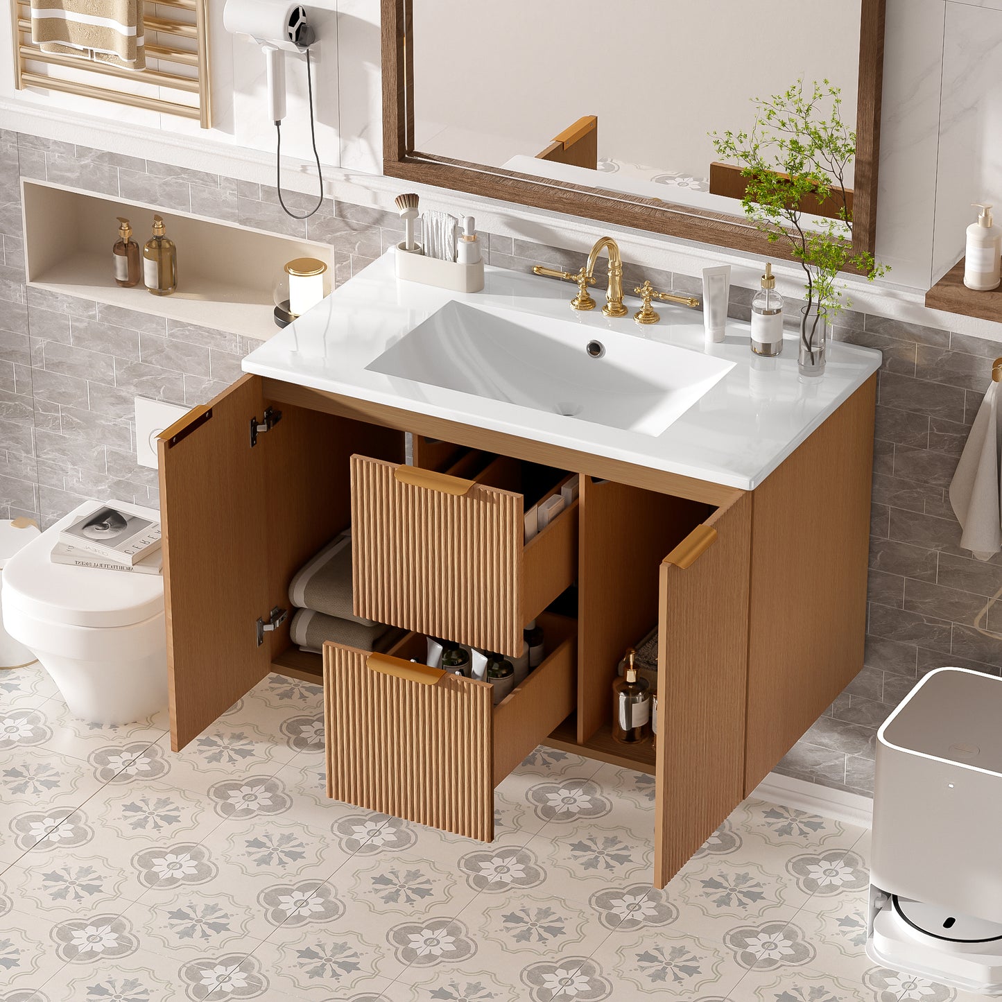 36 Inch Single Sink Bathroom Vanity With Ceramic Top, MDF Cabinet, Soft Close Doors, Divided Drawers, Wall-Mounted Modern Storage Vanity