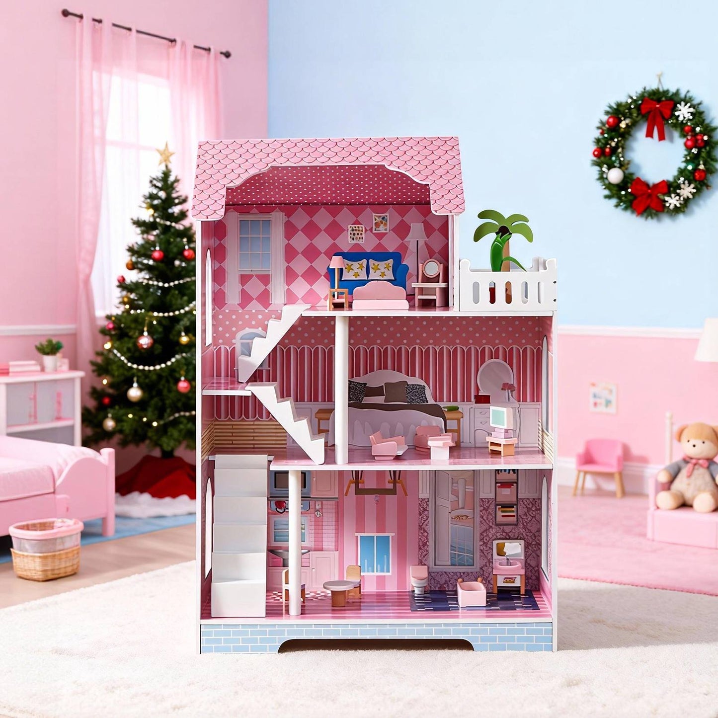 3 Tier Kids Dollhouse With Roof Window And Furniture Wooden Mini Doll House Playhouse For 3 Years Old And Above