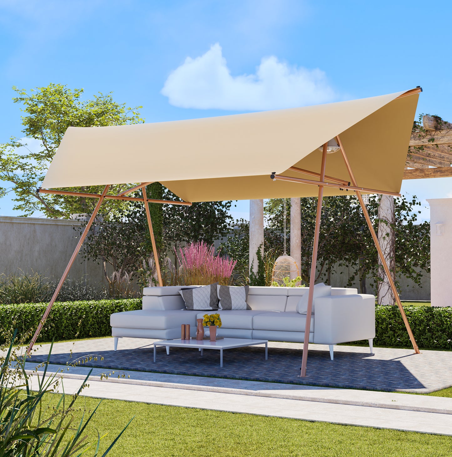 Hexagonal Shade Sail Canopy, Large 206 X118  UV Block Sun Shade With UPF 50 , Waterproof High-Density Polyester Fabric, Brown Rust-Resistant Poles & Built-in Hooks For Patio Backyard -Light Khaki