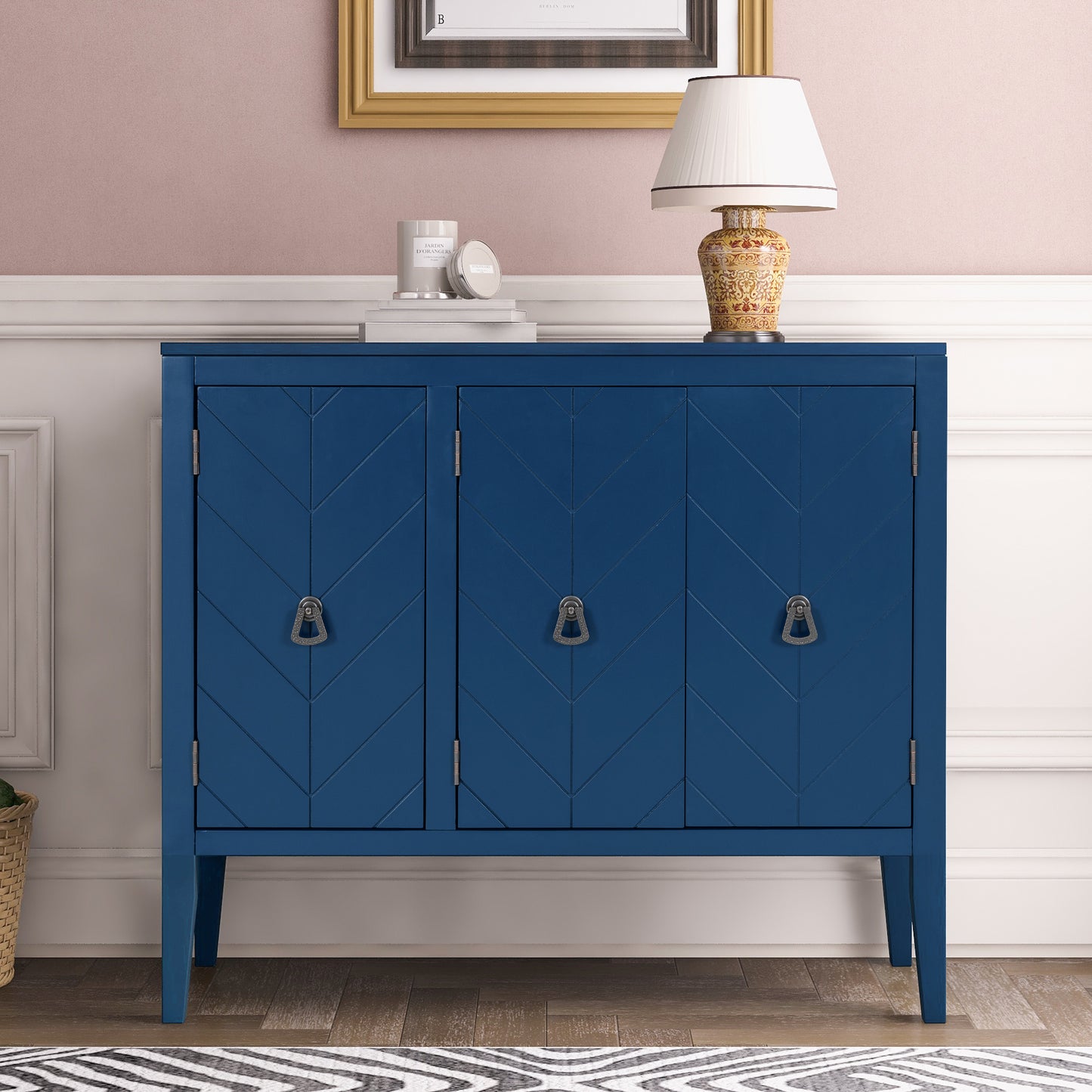 U-STYLE Adjustable Shelf Storage Sideboard With 3 Retro Metal Handles And 4 Pinewood Legs  For Entryway  Living Room  Study Room  Dining Room