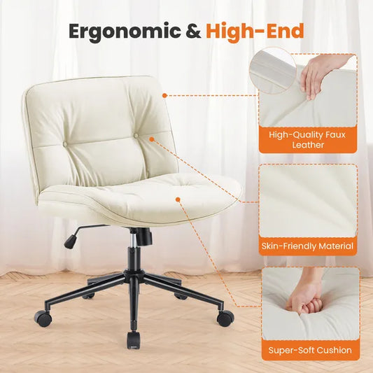 Criss Cross Legged Chair, Armless Office Desk Wide Seat Wheels, Swivel Height Adjustable Comfy Computer Task Seating Modern Home Room