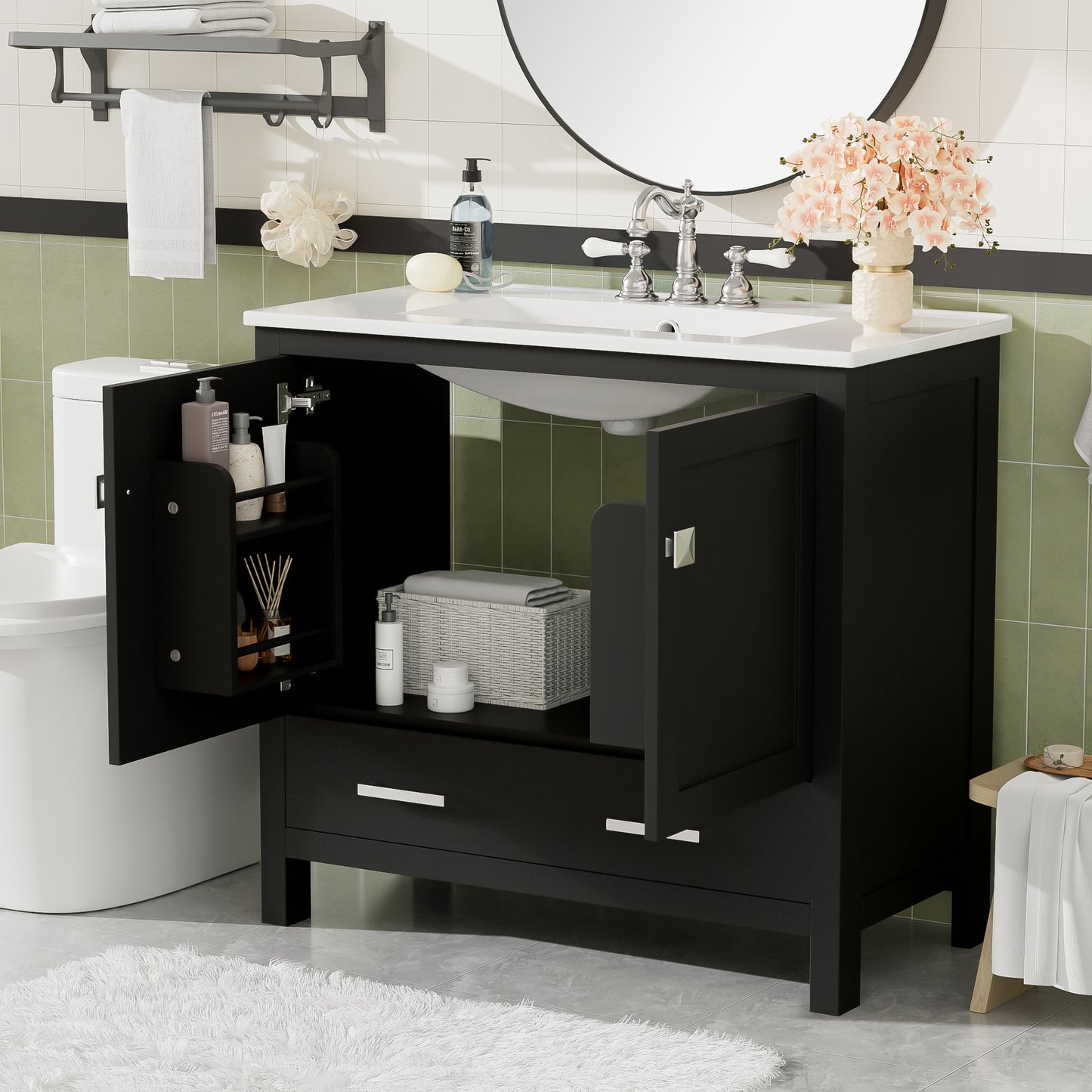 36  Black Bathroom Vanity With Ceramic Sink, Soft-Close Doors, Double Storage Shelves & Divided Drawer  Modern Bathroom Cabinet With Ample Storage