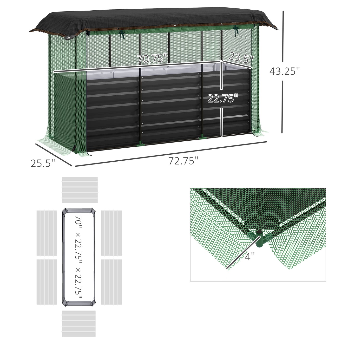 Galvanized Steel Planter Box With Crop Cage And Shade Cloth, Raised Garden Bed For Flowers, Veggies And Herbs, Dark Gray