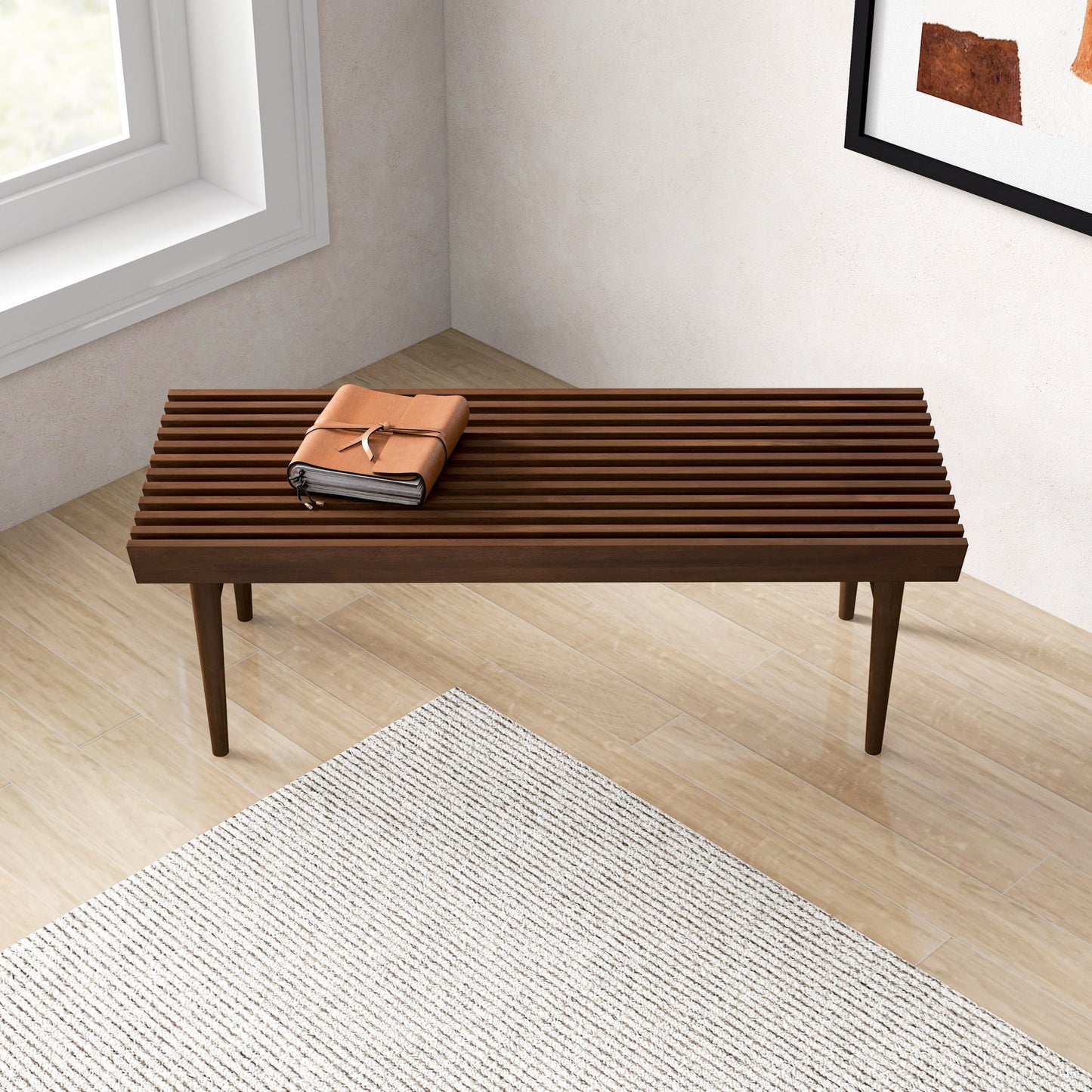 Mia Mid Century Modern Solid Wood Bench With Natural Walnut Stain Finish 15.5     H X 47.2     W X 18.1     D  For Living Room, Hallway, Bedroom, Bathroom