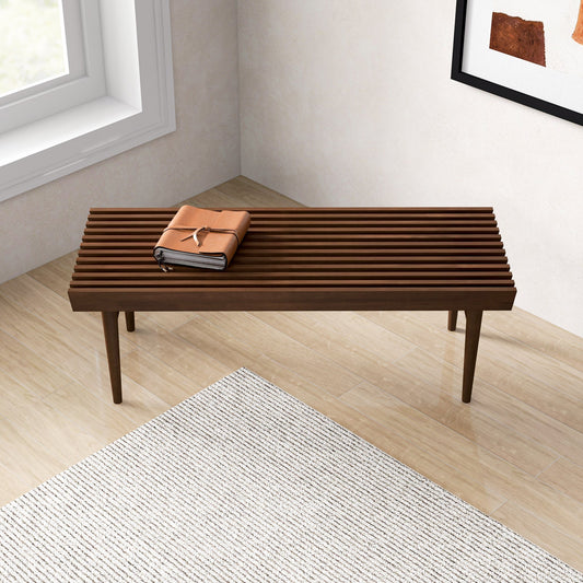 Mia Mid Century Modern Solid Wood Bench With Natural Walnut Stain Finish 15.5     H X 47.2     W X 18.1     D  For Living Room, Hallway, Bedroom, Bathroom