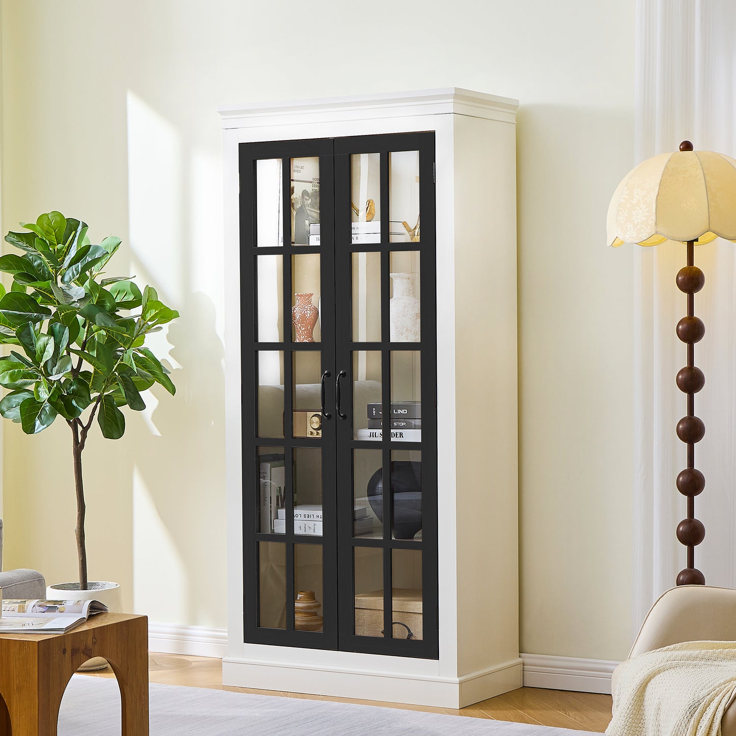 71.2  Freestanding Glass Door Pantry, Farmhouse Style Display Cabinets, Curio Cabinet With Lattice Window For Hallways, Livingroom Kitchen & Office, White & Balck
