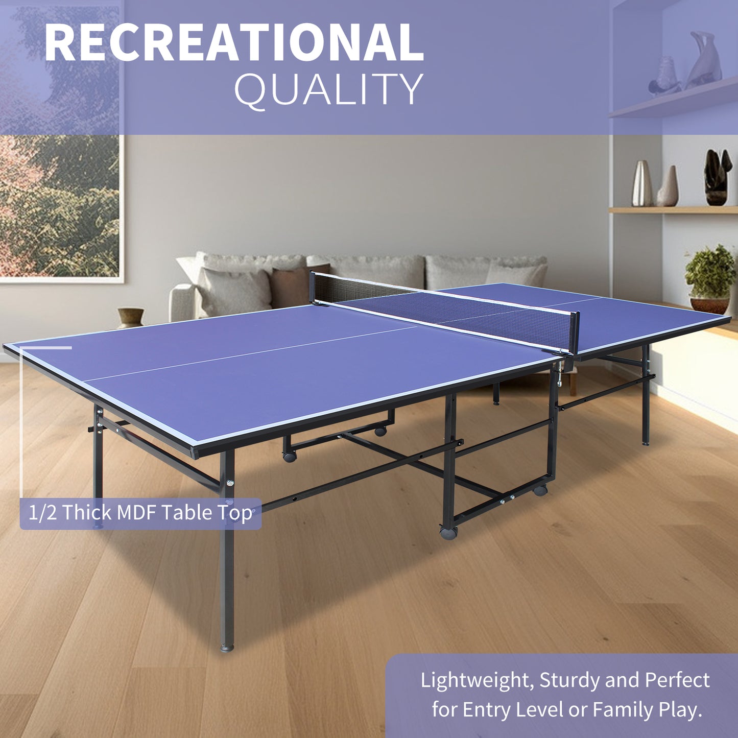 9x4.1ft Blue Mid-Size Table Tennis Table Foldable & Portable Ping Pong Table Set For Indoor Games With Net, 2 Table Tennis Paddles And 3 Balls