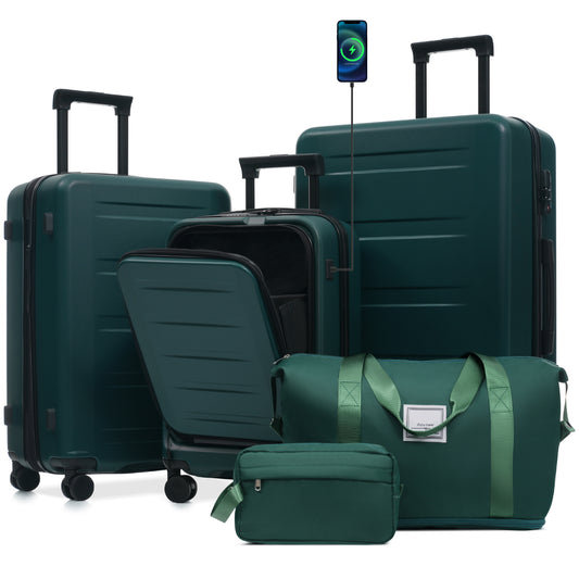 Luggage Sets 5 Piece With Front Opening, Hardside Expandable Carry On Suitcase Set With Double Spinner Wheel, Lightweight Travel Luggage With USB Port,TSA Locks  20  24  28