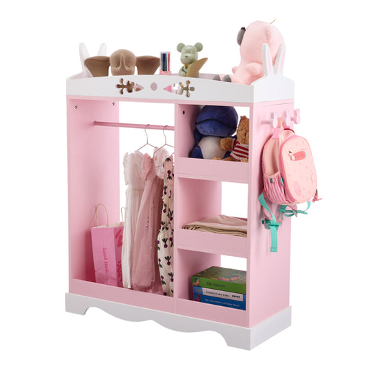 Pink And White MDF And Particle Board, Painted And Veneered, Bunny Ear Design, 1 Mirror With 3 Shelves, 1 Clothes Rod, Children's Wardrobe