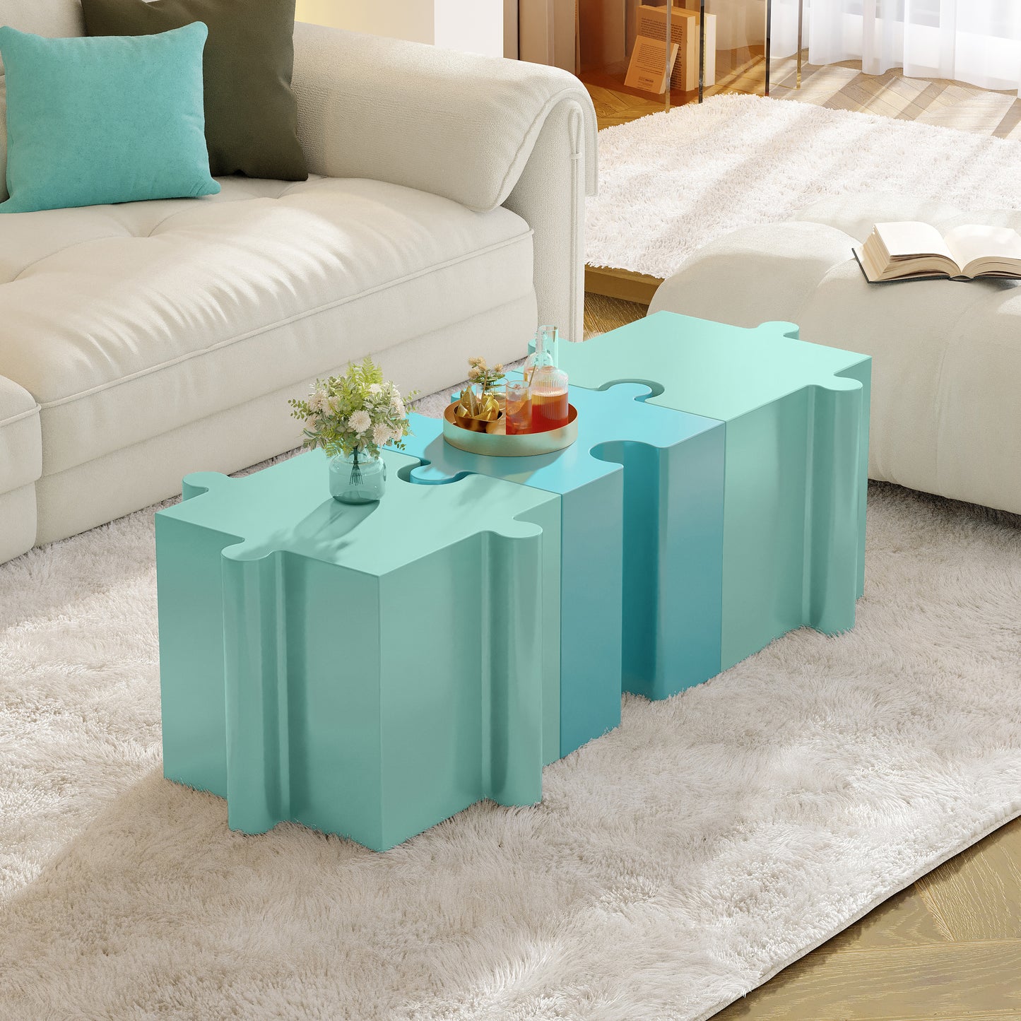 3-Piece Artistic Puzzle Table Set,Modular MGO Side Tables With Interlocking Design  2 Convex & 1 Concave , 200lb Capacity For Indoor & Outdoor, Light Green & Light Blue Color