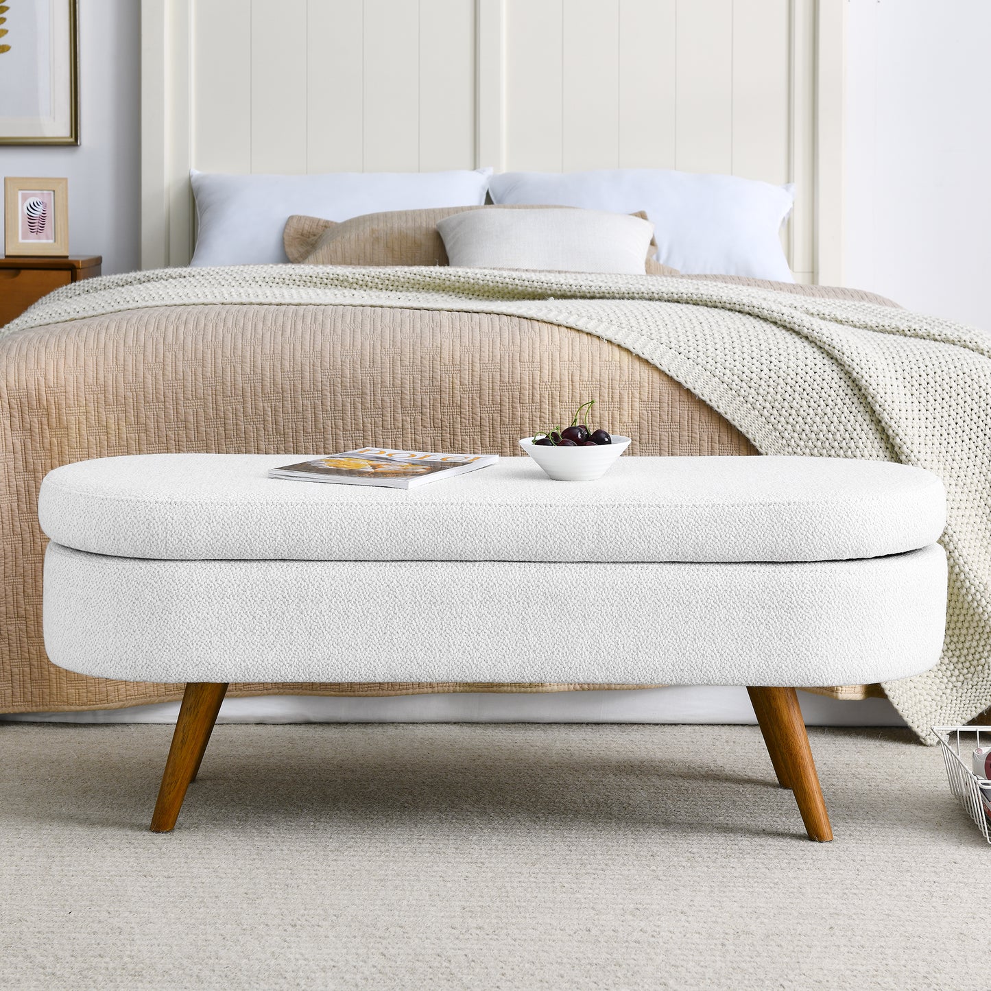 Ottoman Oval Storage Bench,Rubber Wood Legs,White 43.5x16x16