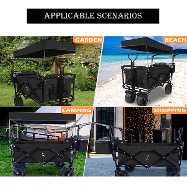Foldable Wagon With Removable Canopy & Cooler Bag - Heavy Duty Collapsible Wagon Utility Cart With 4inch All-Terrain Wheels For Camping Beach Garden, Black