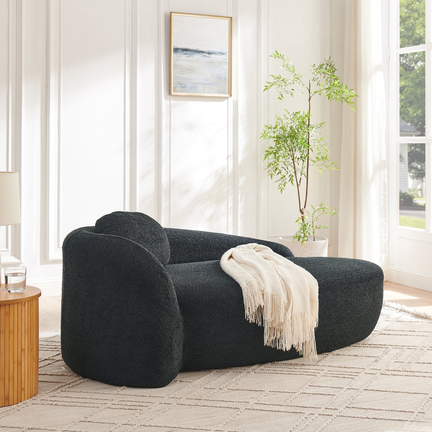 Modern Oval Single Lazy Sofa Chair With Integrated Backrest, Side Armrest And Pillow, Compact Space-Saving Lounge Chair For Living Room Bedroom-Black