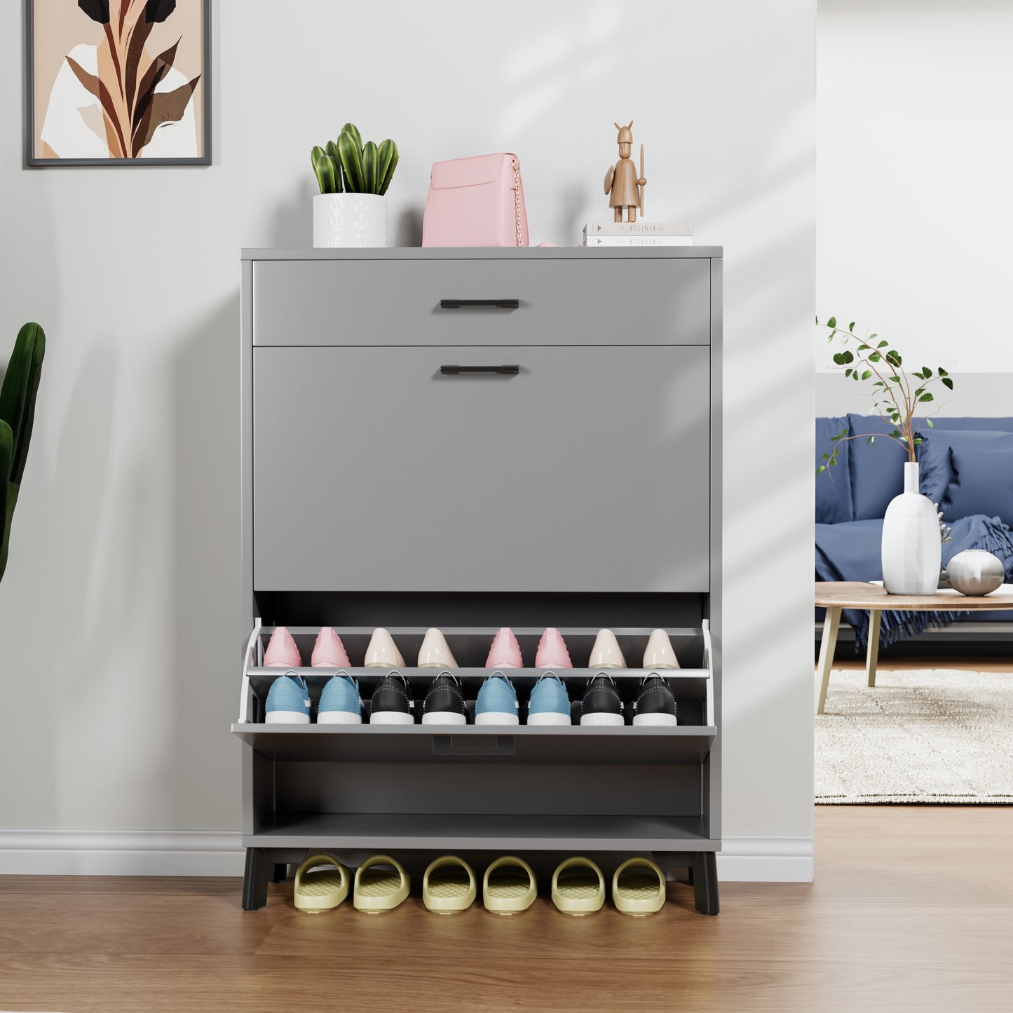 Shoe Storage Cabinet For Entryway, Free Standing Shoe Organizer With 2 Flip Drawers, Hidden Shoe Rack Storage Organizer For Doorway Hallway Closet, Gray