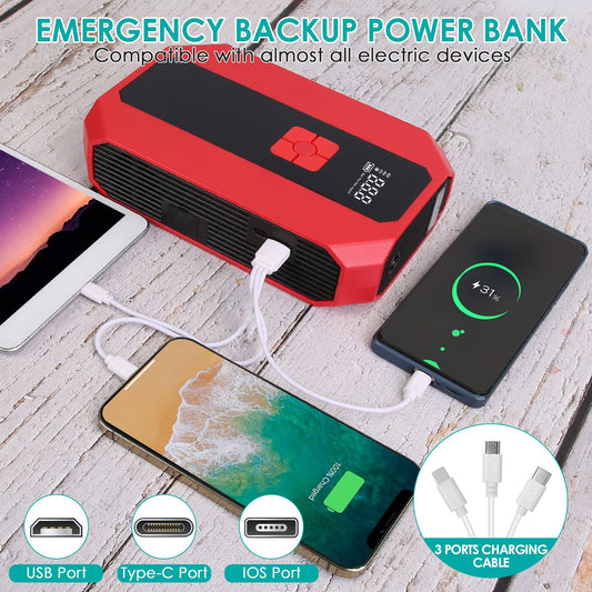 1Pc Portable Car Jump Starter Air Compressor 1500A 400PSI Car Battery Charger Jump Starter Power Bank LED Flashlight Digital Tire Inflator For 4.0L Gasoline Or 2.0L Diesel Engine