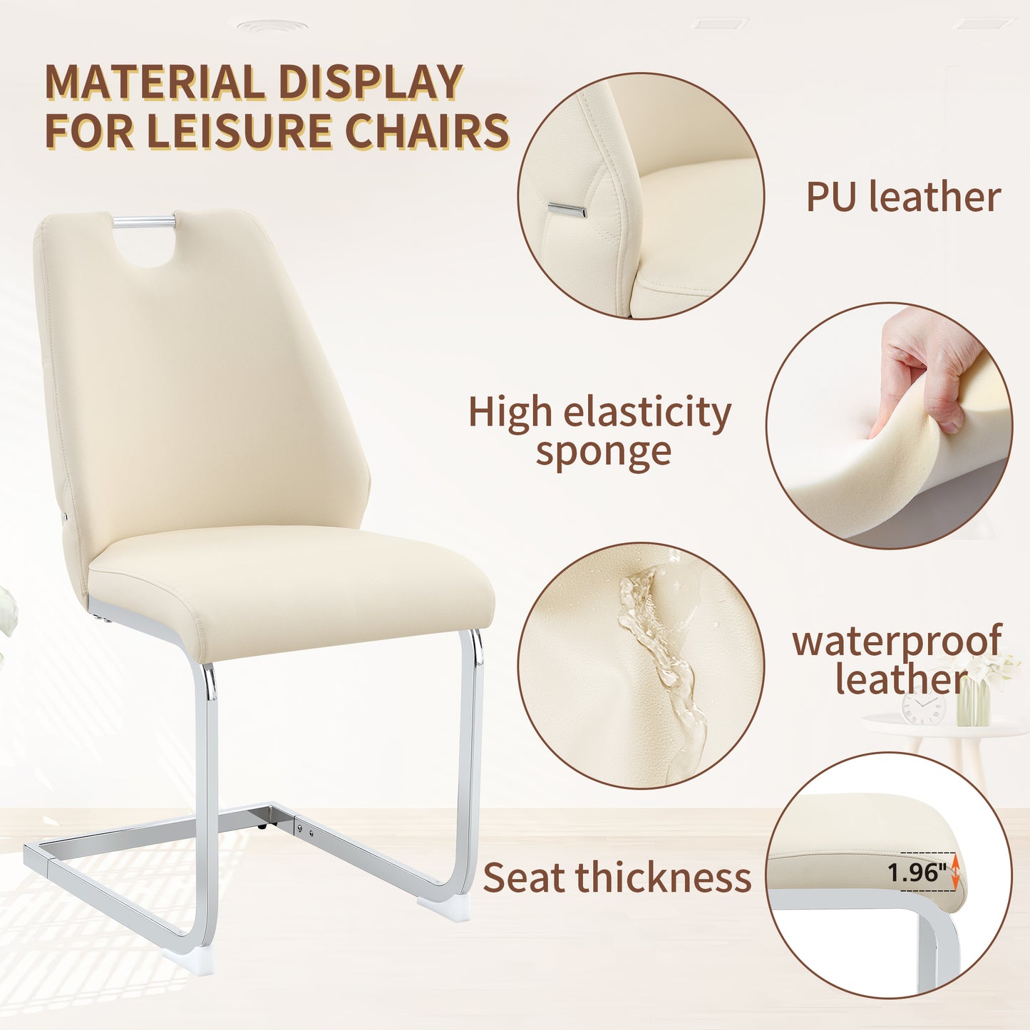 Dining Chairs Set Of 4, Off-White Faux Leather Kitchen Chairs With Gold Mesh Texture, Silver Back Ring And Chrome Pull Handle, High Back Upholstered Dining Room Chair  Off-White, Set Of 4