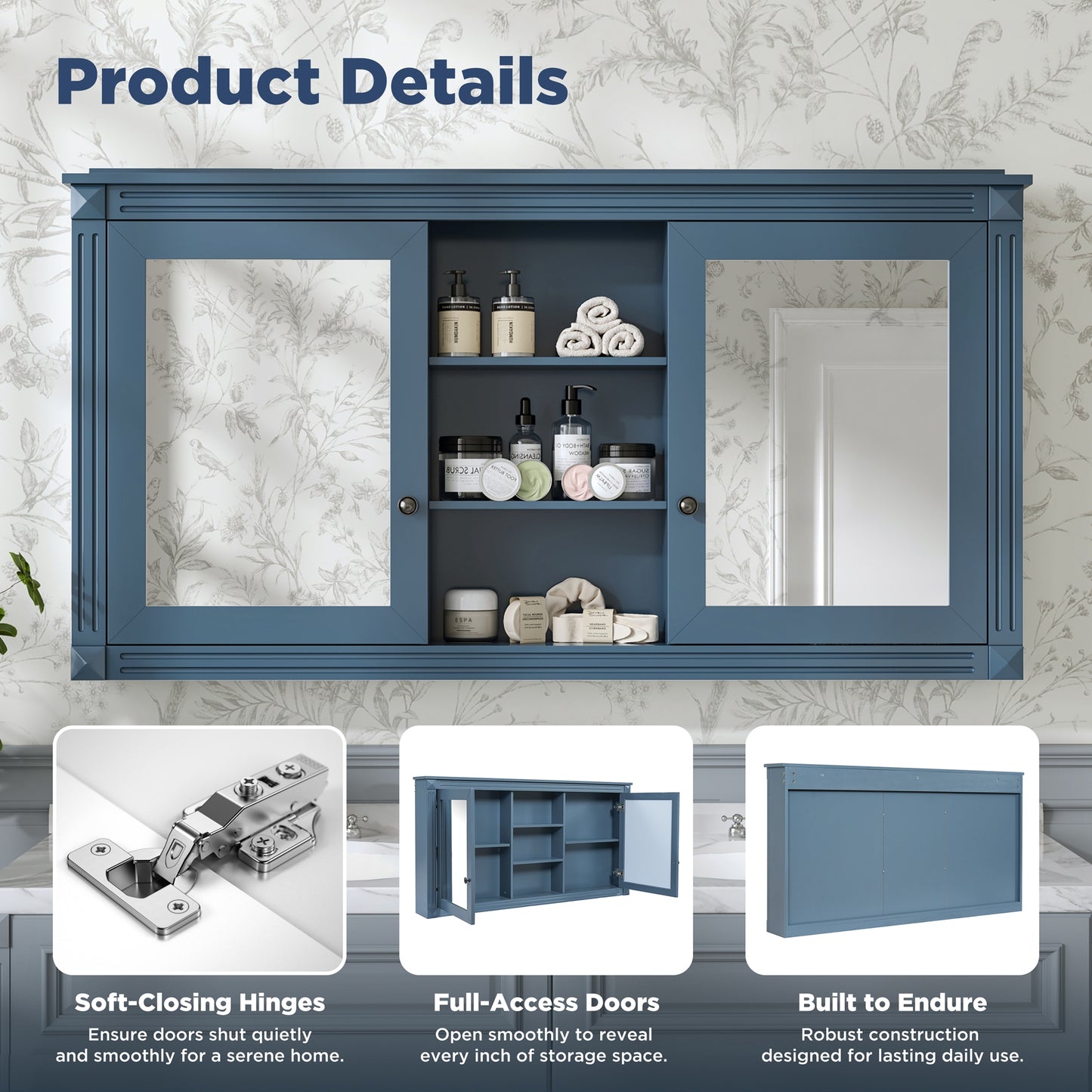 55 Inch Wall-Mount 2-in-1 Mirror Cabinet With Adjustable Shelves, Soft-Closing Hinges, High-Definition Mirrors, For Bathroom Vanity, Living Room, Bedroom Storage Organizer