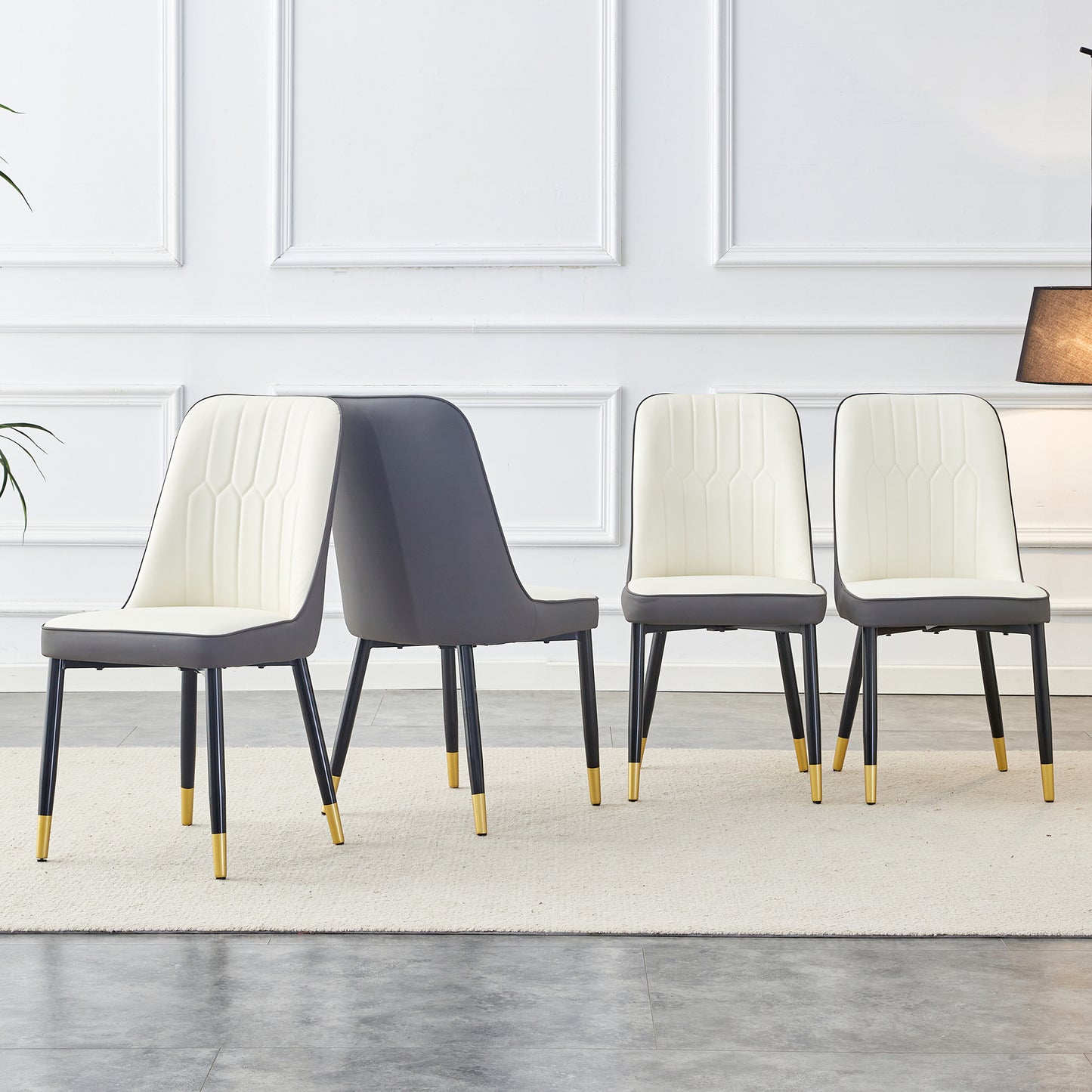 A Modern Dining Chair With A White Dark Gray Dual Tone PU Leather Backrest And Black Metal Legs, Suitable For Kitchens, Bedrooms, And Offices. A Set Of 4 Pieces  White Dark Gray PU C-007 W1151118960
