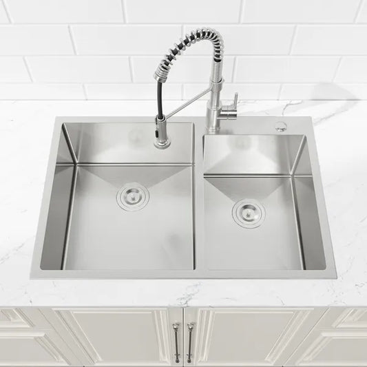 33'x19' Embedded Double Bowl Kitchen Sink, Overmount Handmade Sink In Brushed - Sink Only - Unable Ship Weekends, TK And TEMU Only For Pickup