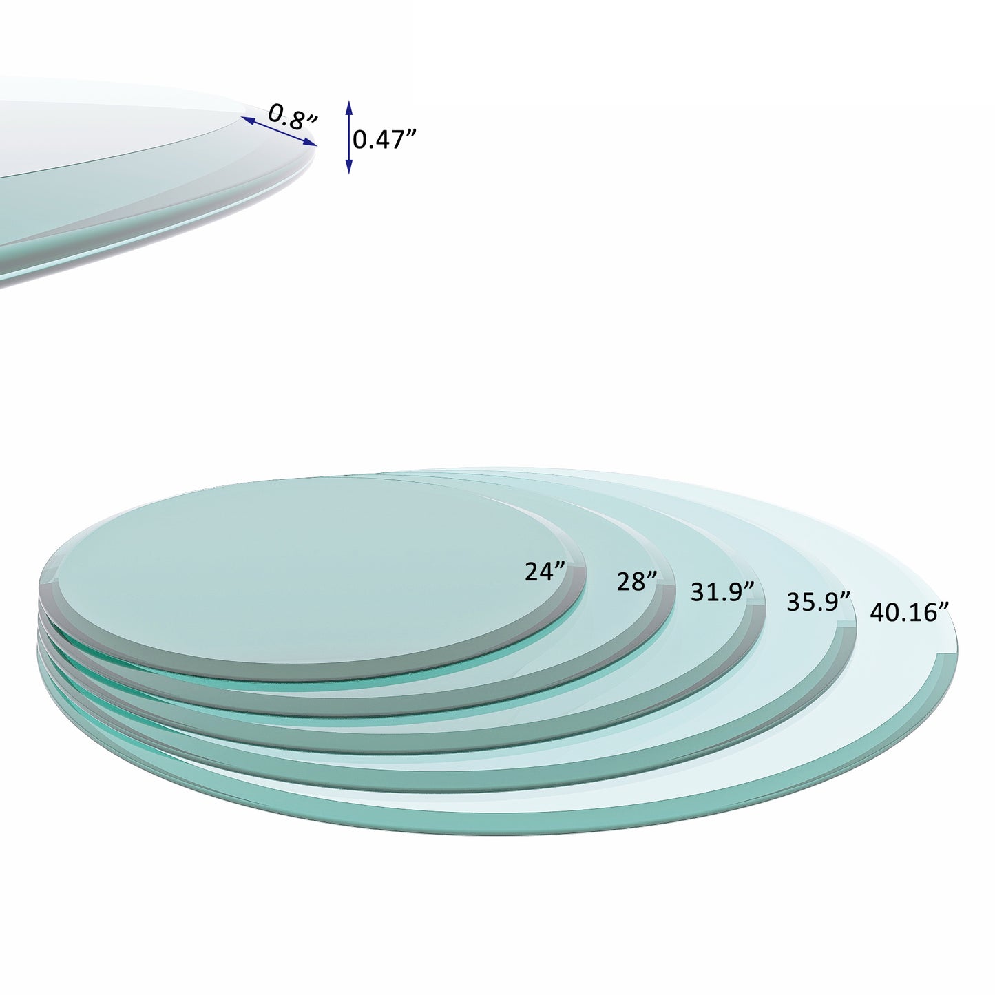 24  Inch Round Tempered Glass Table Top Clear Glass 0.5 Inch Thick Beveled Polished Edge