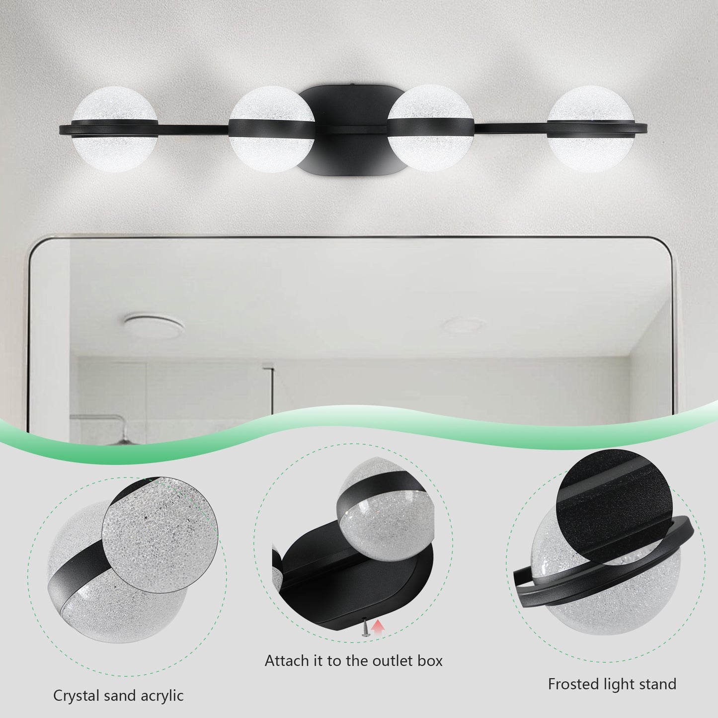 30in Black Minimalist LED Bathroom Vanity Light With Crystal Sand Acrylic Shades, 4-Light Wall Mounted Decorative Lighting Fixture, Suitable For Bathroom Vanity Mirror