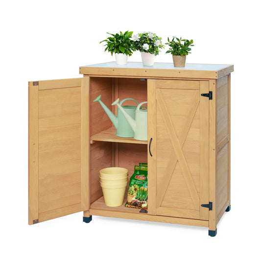 Potting Bench With Storage Cabinet And Metal Table Top For Outdoor Patio,Outdoor Work Station Table