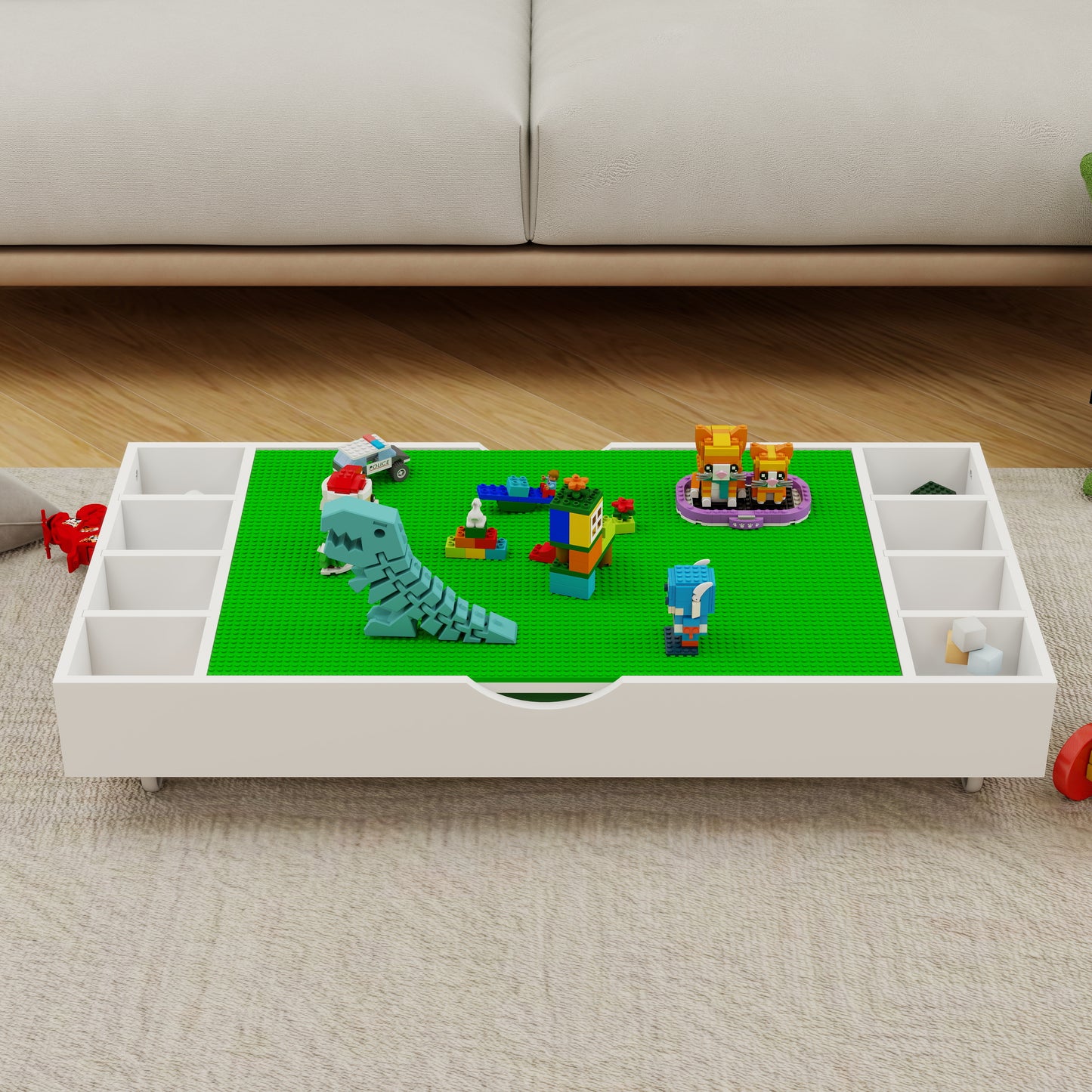 The 2 In 1 Rollaway Play Table And Toy Organizer Compatible With Lego Suitable For Storing Under Bed Or Sofa-White  38 X 18.7 X 5.9
