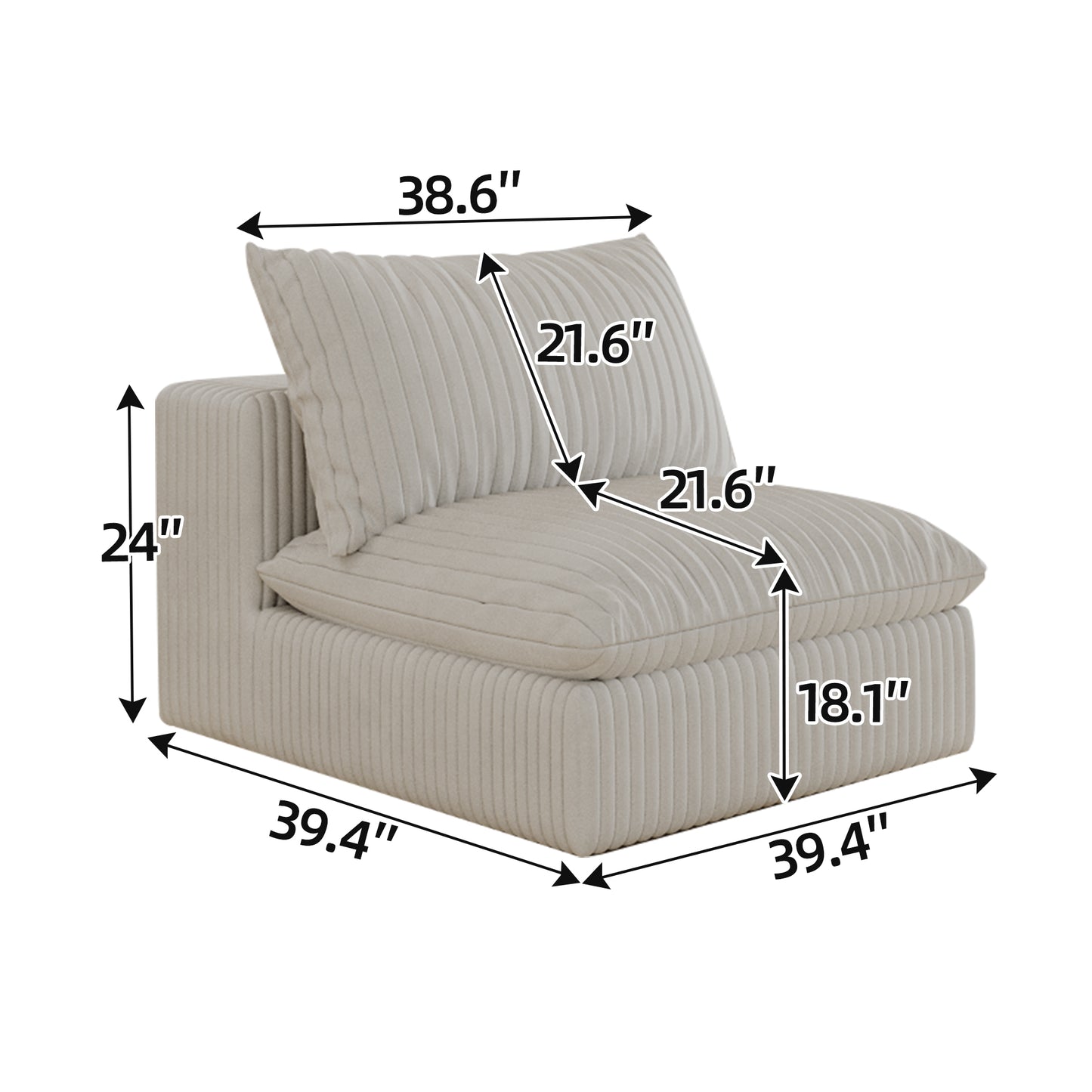 Cloud Sofa,Corduroy Fabric,Deep Seat Couches,Double-layer Design,Removable  Cushion,No Assembly, DIY Combination For Living Room, Bedroom,Conference Room ,Apartment,White