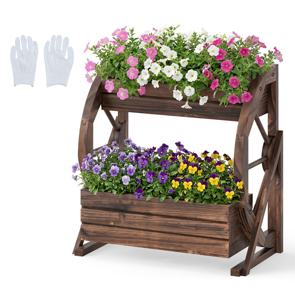 2-tier Raised Garden Bed Rustic Wood Wagon Planter With Drainage Holes And Semi-wheels For Growing Flowers Or Displaying Potted