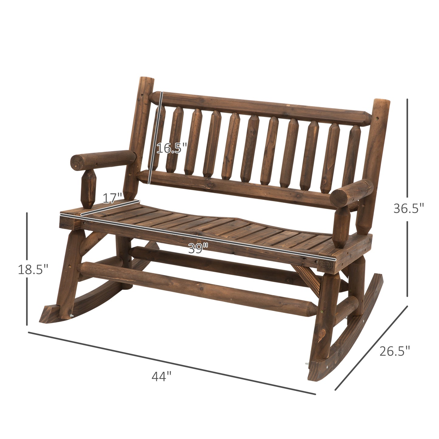2-Person Wood Rocking Chair With Log Design, Heavy Duty Loveseat With Wide Curved Seats For Patio, Backyard, Garden, Walnut
