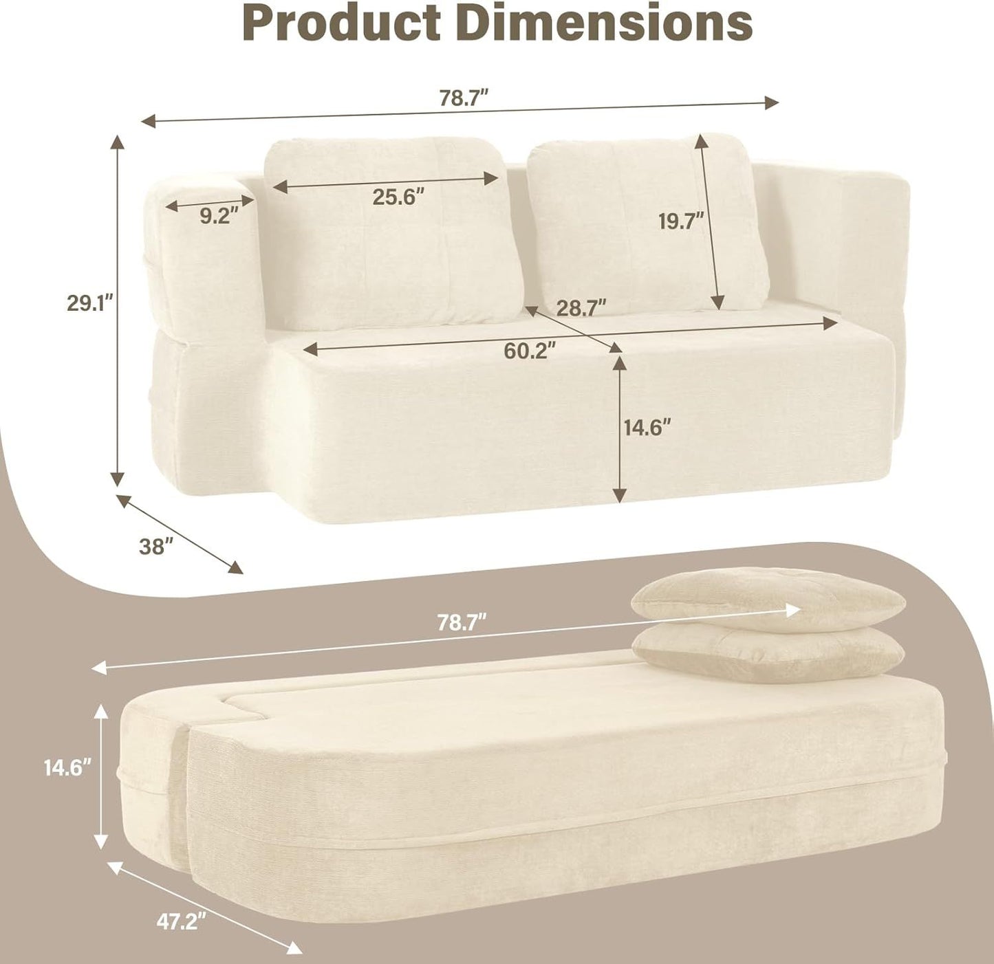 Convertible Sofa Bed With Blanket, Boneless Cloud Couch Queen   Fabric For Living Room Bedroom, Modular Loveseat With High-Density Solid Sponge No Assembly,Beige.